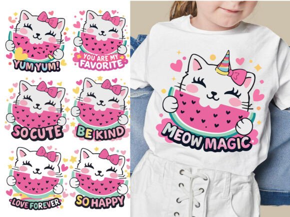Adorable Cat Eating Watermelon T-shirt D