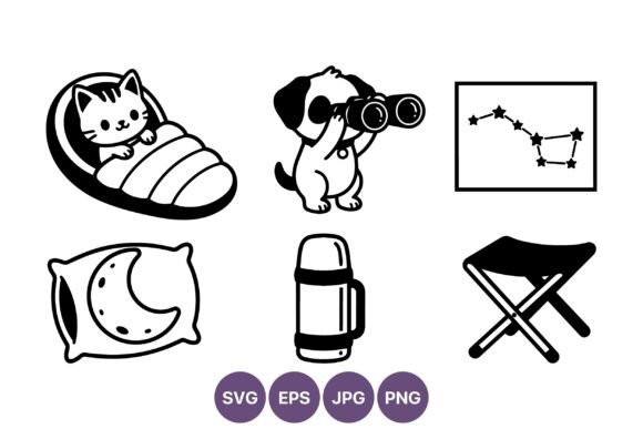 Camping Icons: Cat, Puppy, Thermos & Moon