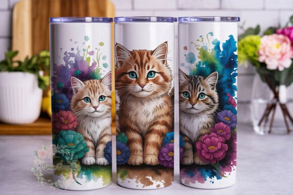 Cat and Floral Watercolor Art Tumbler