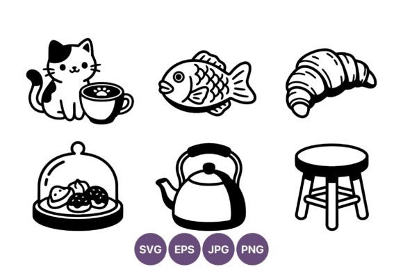 Cat Coffee Fish Pastry Icon Set