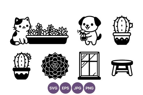 Cat Puppy Succulents Cactus Black White