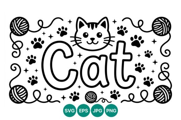 Cat Text with Cartoon Face and Yarn