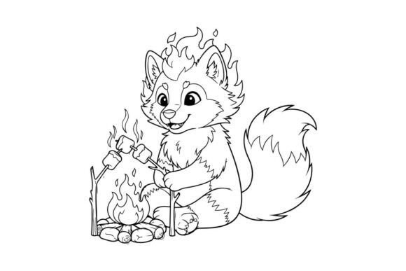 Cute Cartoon Cat Roasting Marshmallows