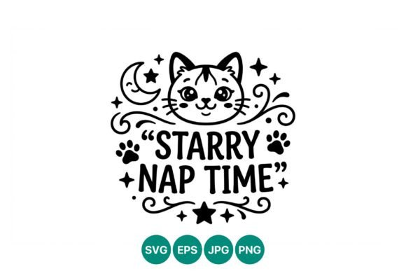 Cute Cat Face Starry Nap Time Vector