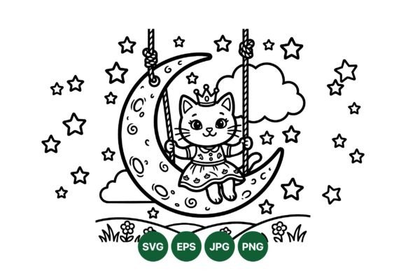 Cute Cat Moon Swing Illustration