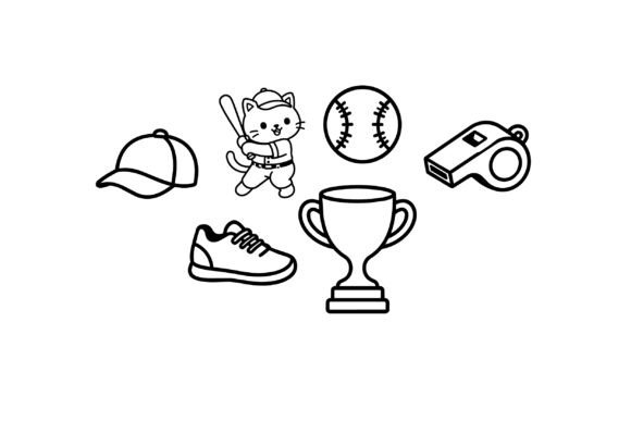 Cute Cat Playing Baseball Line Art