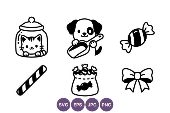 Cute Cat Puppy Candy Vector Line Art