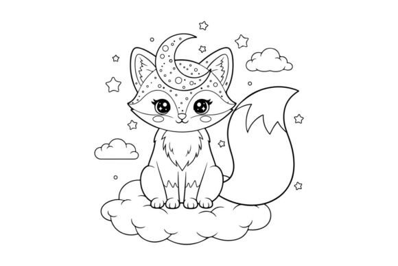 Cute Cat with Moon and Stars Vector Illu