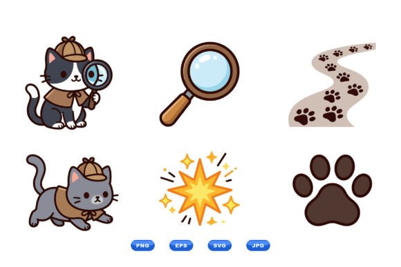 Cute Detective Cat Clipart Pack