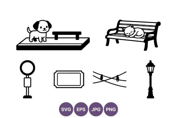 Cute Puppy and Sleeping Cat Vector Line