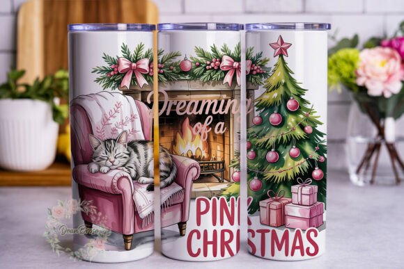 Pink Christmas Cat Fireplace Tumbler