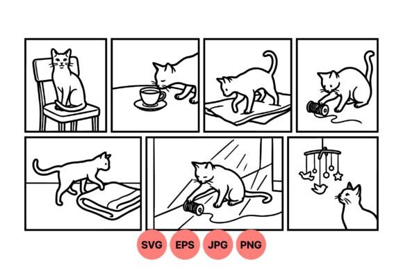 Playful Cat Line Art Clipart