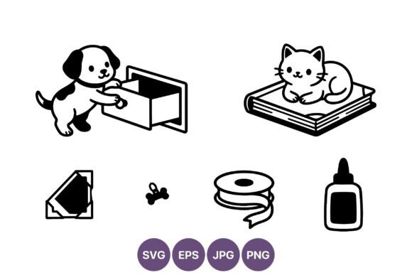 Puppy and Cat Line Art Vector