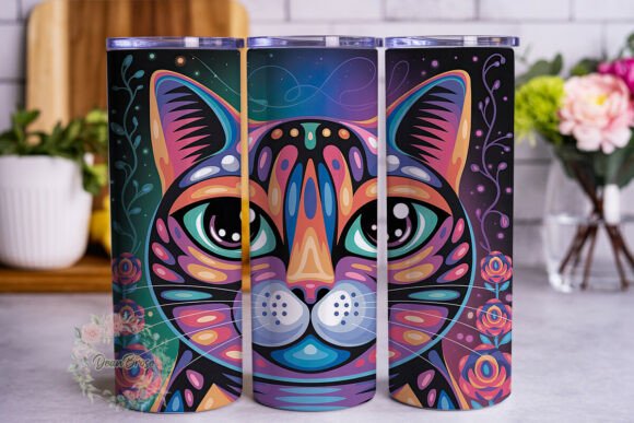 Vibrant Psychedelic Cat Face 20oz Tumble