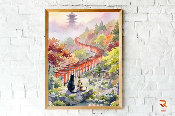 Watercolor Romantic Cat Couple Wall Art